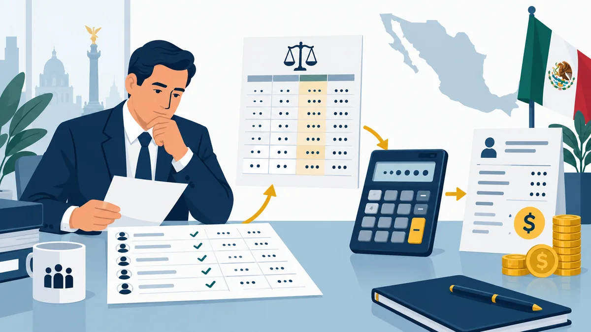 Empleador revisando una nómina, una tabla fiscal y una calculadora para estimar la retención ISR