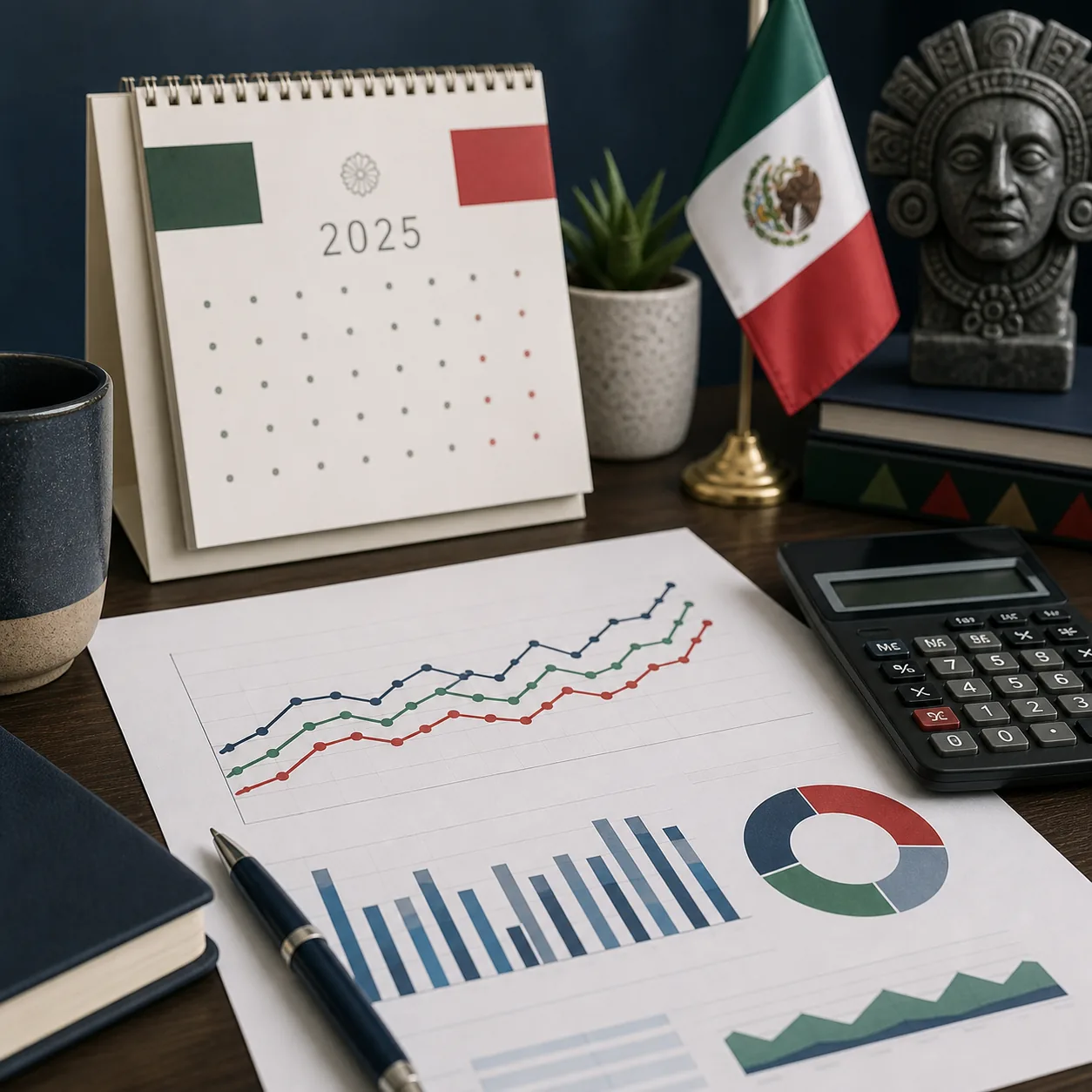 Calendario de 2025, calculadora y gráficos de precios en una mesa de trabajo fiscal
