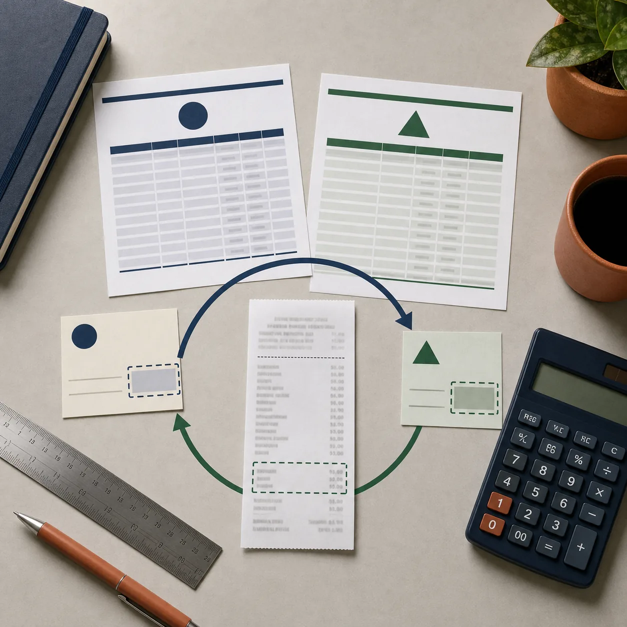 Dos tablas de índices conectadas por una flecha hacia un recibo y una calculadora