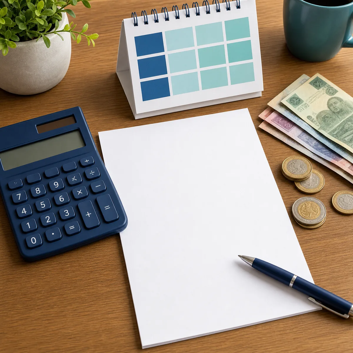 Calculadora, calendario y monedas junto a una hoja en blanco para representar el cálculo del ISR de un trabajador